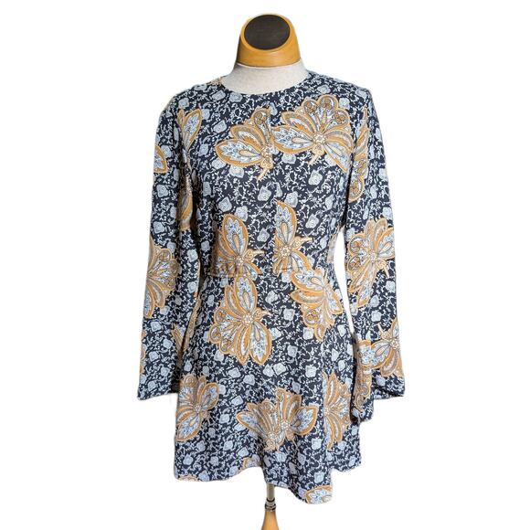A.L.C. Trixie Black Beige Paisley Floral Bell Sleeve 100% Silk Mini Dress Sz 4 - Picture 2 of 7